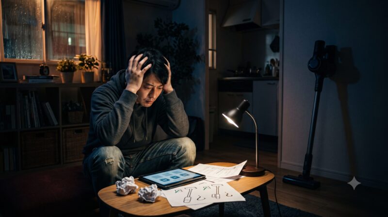 コードレス掃除機の購入比較で、どれを買うべきか暗い部屋で頭を抱えて真剣に悩んでいる男性の様子。