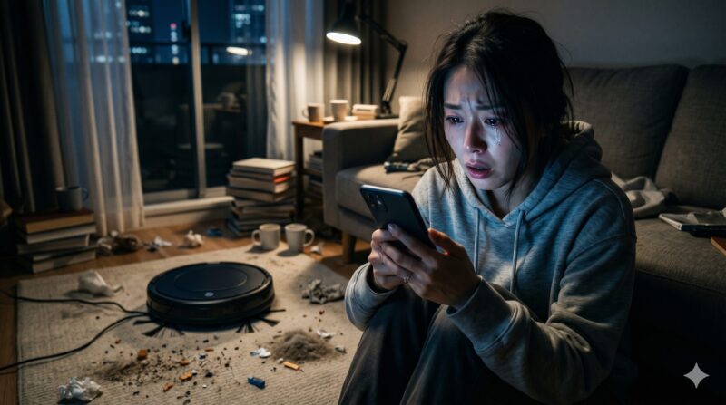 夜の散らかった部屋で、ロボット掃除機とゴミを前にスマートフォンを見ながら泣く女性