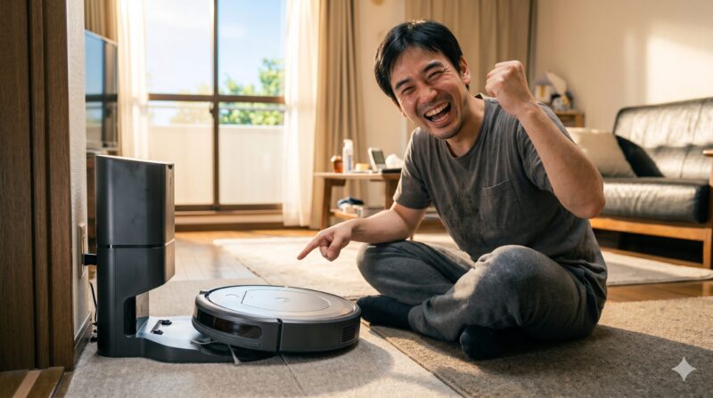 リビングルームの床に座り、自動ゴミ収集ドック付きロボット掃除機を指差してガッツポーズをする笑顔の男性。