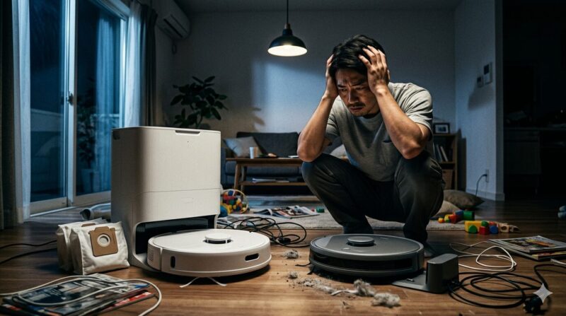 散らかった室内で2台のロボット掃除機を前に頭を抱えて悩む男性（Dreame F10 PlusとF10の比較・デメリット・口コミレビュー用イメージ）