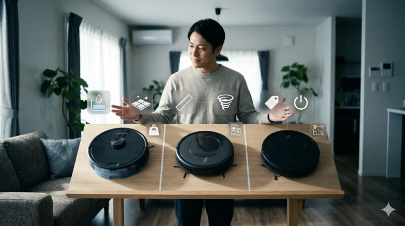 ライフスタイルに合わせてロボロックの水拭きを選んでいる様子