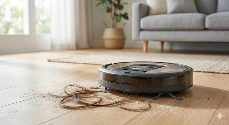 ロボット掃除機が髪の毛を吸い込んでいるイメージ