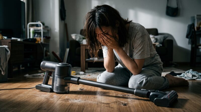 コードレス掃除機選びに後悔し、散らかったリビングで頭を抱えて落ち込む女性