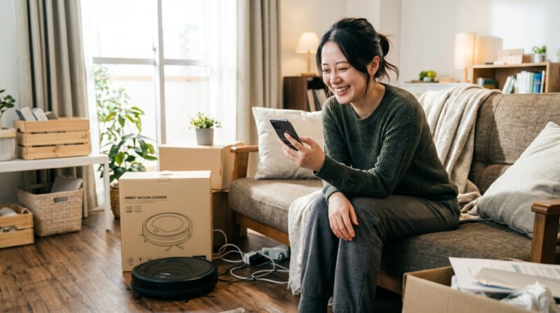 新しいロボット掃除機が届いたリビングで、スマートフォンを見ながら笑顔の女性