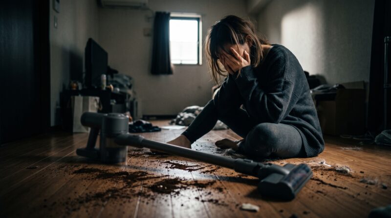 マキタコードレス掃除機「CL287FD」の購入を後悔して絶望する女性の画像