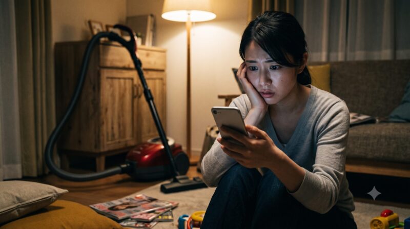 キャニスター掃除機の口コミをスマートフォンで調べて悩む女性(背後に掃除機)。
