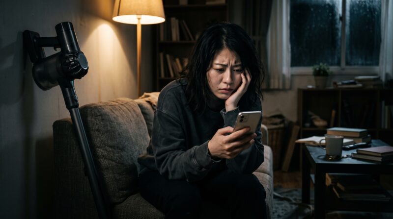 掃除機の口コミをスマホで検索し、評判の悪さに不安な表情を浮かべる日本人女性