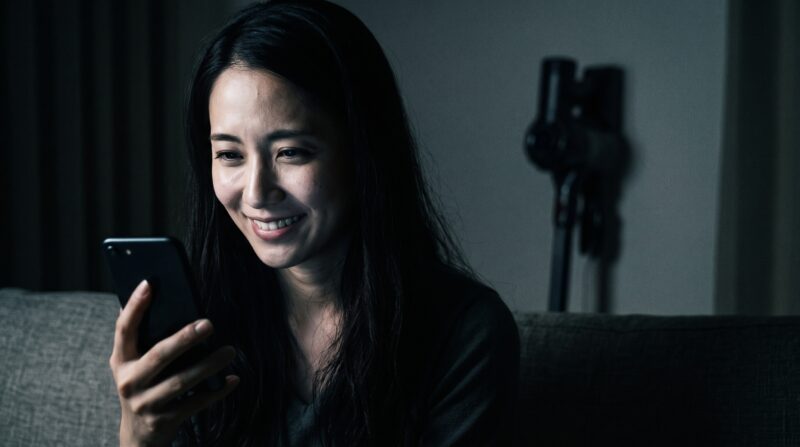 スマホで口コミを見て安堵する女性