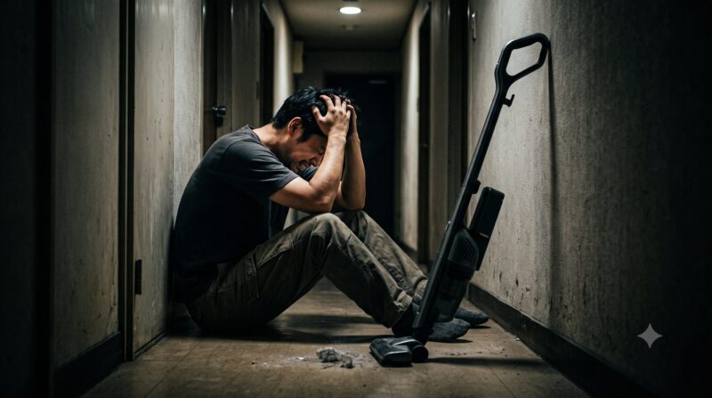 薄暗い廊下でコードレス掃除機のデメリットに頭を抱えて後悔する男性の様子。
