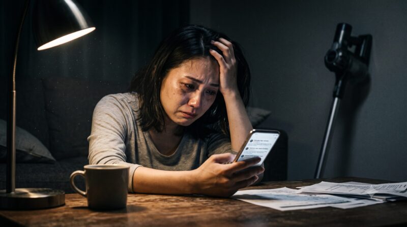 スマートフォンの悪い口コミを見て絶望し、暗い部屋で泣き崩れる女性。背景にはコードレス掃除機がある。