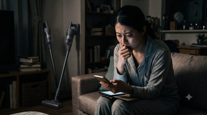 薄暗い部屋で、スマートフォンでコードレススティック掃除機の口コミを調べて後悔の念に駆られる日本人女性。