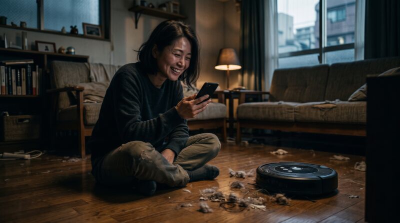 散らかったリビングでロボット掃除機ローランを前に、スマートフォンを見ながら明るく笑う女性。