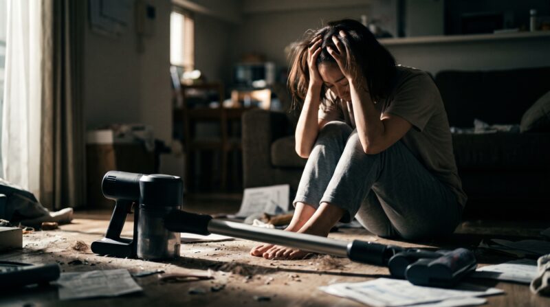 散らかった部屋でコードレス掃除機を前に、頭を抱えて絶望する日本人女性。