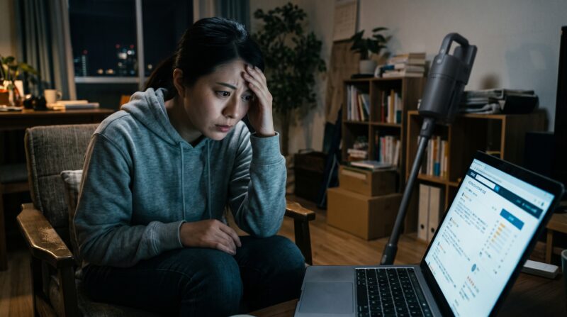 Xiaomi Mijia コードレス掃除機 4Cの悪い口コミを見て、夜遅く不安げにパソコン画面を見つめる日本人女性の様子