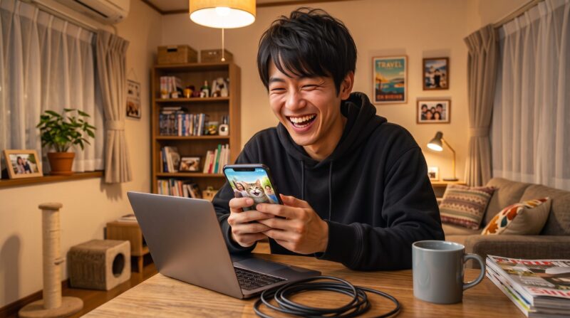 スマホの画面に映る猫の画像を見て爆笑する日本人男性。