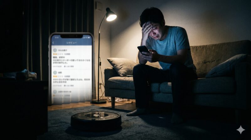 暗い部屋でスマートフォンのレビューを見て、頭を抱えて後悔し泣いている男性。床にはロボット掃除機。