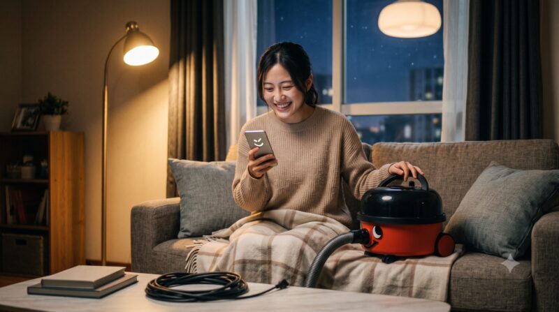 リビングルームのソファで、笑顔でスマートフォンを見ながら隣の赤い掃除機に手を置く女性