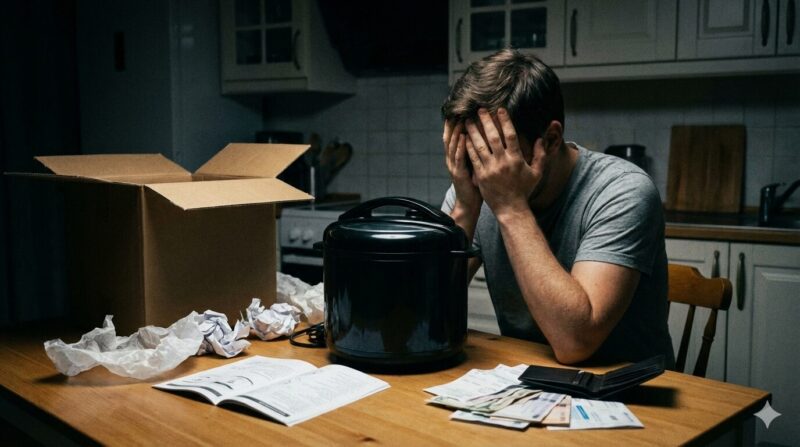 オートクッカービストロを購入したものの、使いこなせず後悔し、キッチンのテーブルで顔を覆って絶望している男性