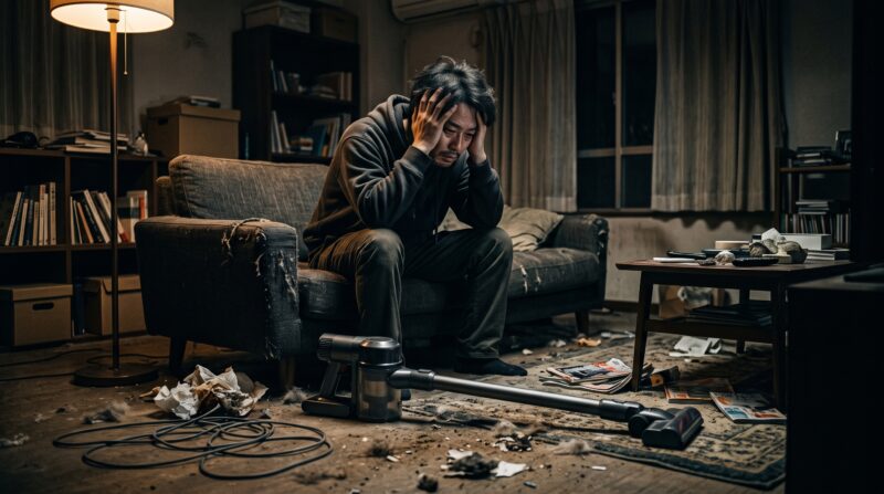 散らかった部屋でコードレス掃除機を前にして購入を後悔し頭を抱えて悩む男性