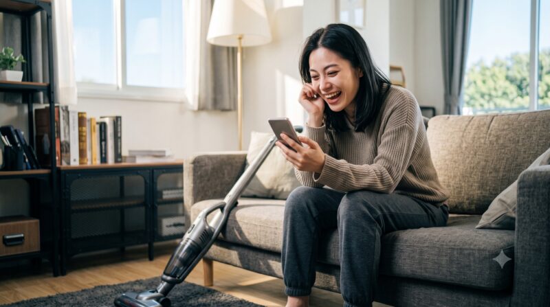 明るいリビングでソファに座り、スマートフォンを見て大笑いする女性とコードレス掃除機。