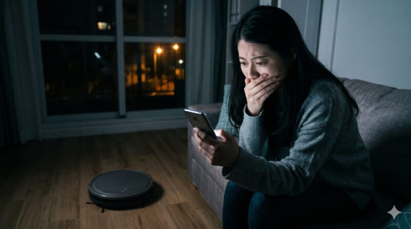 ソファに座り、スマートフォンを見て深刻な表情で口を覆う女性と床のロボット掃除機