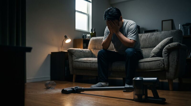 購入した掃除機を前に後悔し、絶望する日本人男性の姿