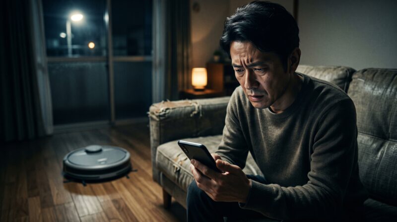 ロボロックの水拭きFAQを前に、ネットの口コミを見て不安になる日本人男性。