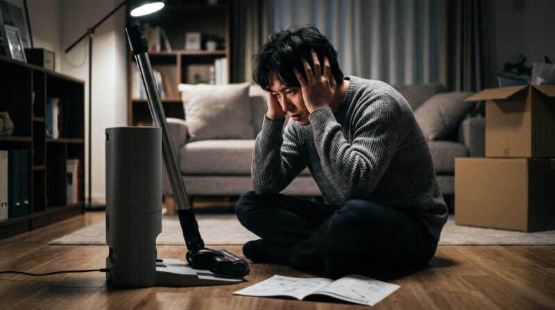 自動ゴミ収集機能付きコードレス掃除機と説明書を前に頭を抱えて悩む男性。