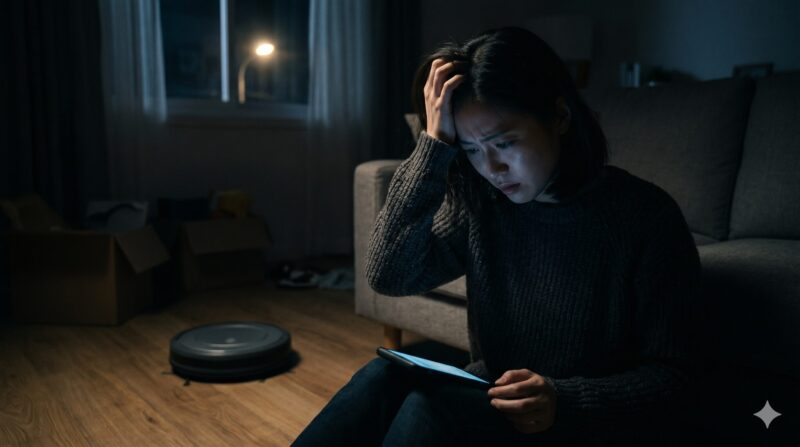 夜、床のロボット掃除機の近くで、頭を抱えて深刻な表情でスマートフォンを見る女性