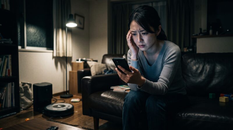 Omni S2」と「Omni S1 Pro」の比較口コミを夜中にスマホで調べ、不安と悩みに沈む女性