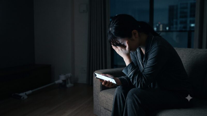 暗い部屋でスマートフォンを手に絶望して顔を覆う女性。背景にはコードレス掃除機が置かれている。