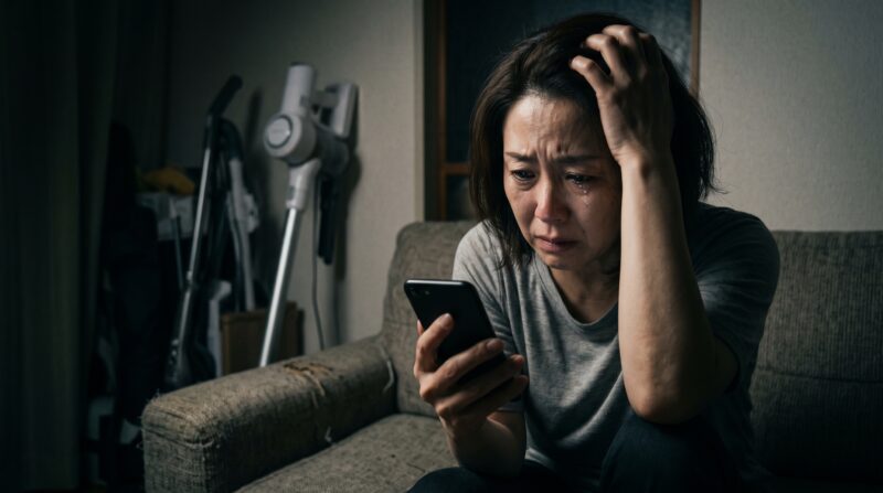 掃除機の悪い口コミを見てスマホを手に絶望的な表情で悩む日本人女性の画像。