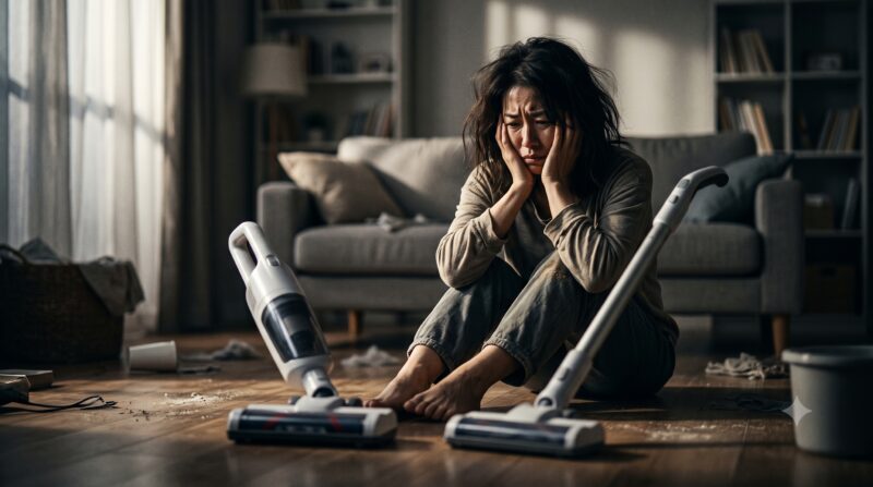 2台のコードレス掃除機を前にして、どちらを買うべきか頭を抱えて深く悩んでいる女性。