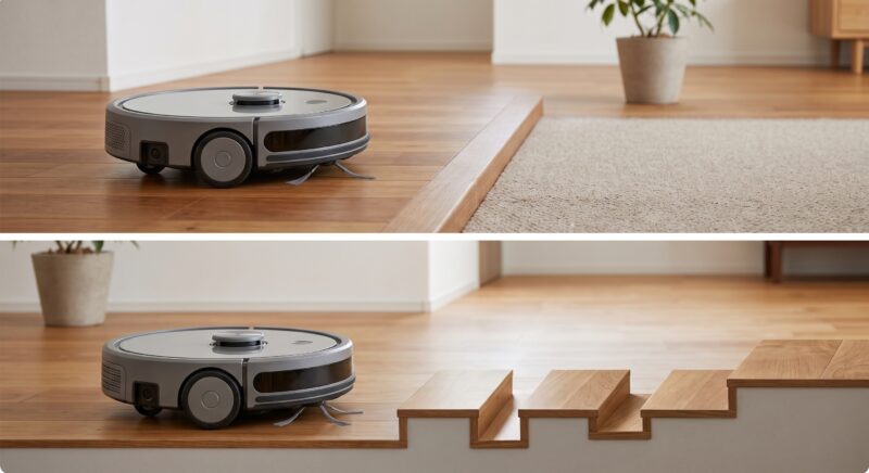 現代的な住宅でのロボット掃除機の2つの使用シーン。上はフローリングからカーペットへの移行、下は階段への接近。