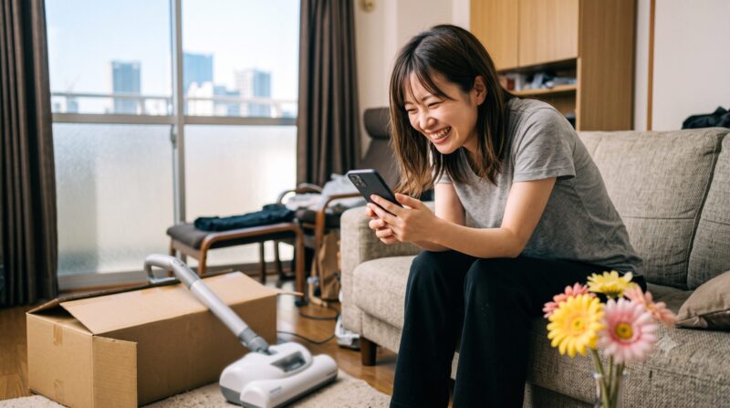 リビングのソファで新しい掃除機を開梱した後に、スマートフォンを見て楽しそうに笑う女性。