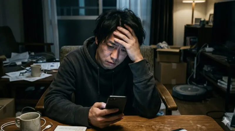 薄暗い部屋でスマホでロボット掃除機の口コミや評判を調べ、頭を抱えて絶望している男性
