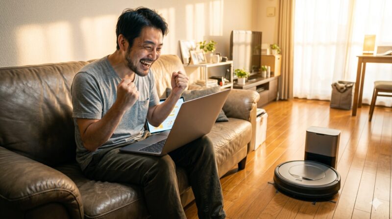 リビングでラップトップを見ながらガッツポーズをして大笑いする男性とロボット掃除機