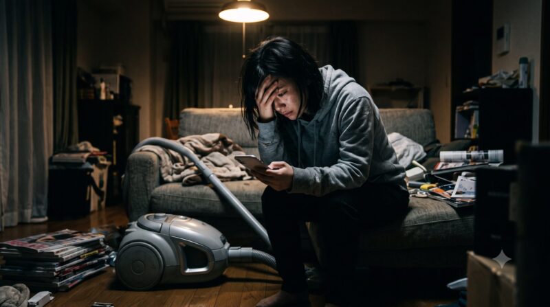 散らかった部屋でスマホを使い掃除機の口コミを調べて、後悔と絶望を感じて頭を抱える日本人女性。