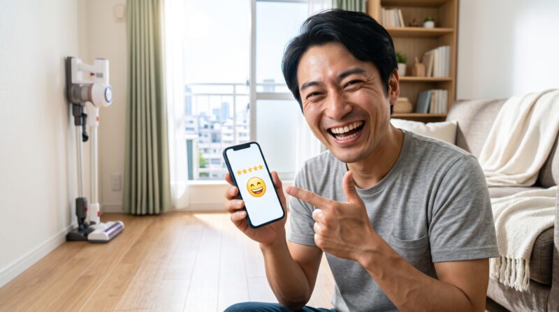 スマートフォンの5つ星高評価を指さして喜ぶ日本人男性