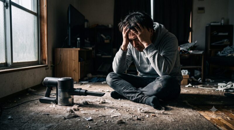 散らかった部屋で床に置かれたコードレス掃除機を前に、頭を抱えて絶望・後悔している男性