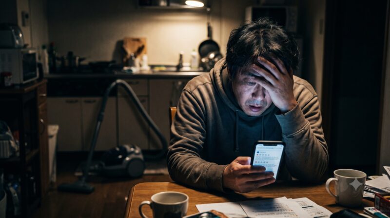暗いキッチンでスマートフォンに表示された掃除機の悪い口コミを見て、頭を抱えて深く絶望する男性のシリアスな写真。
