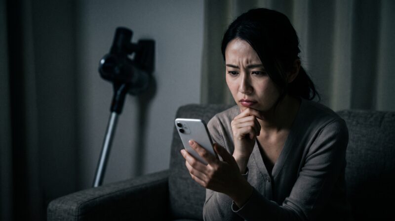 掃除機の口コミや評判をスマートフォンでチェックし、不安げな表情を浮かべる日本人女性。