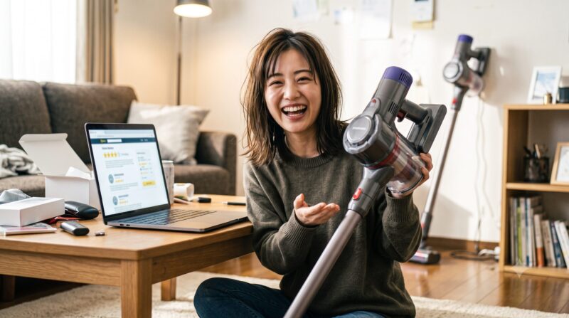 リビングルームで、笑顔の日本人女性がコードレス掃除機を持ってノートパソコンを前に満足している様子。