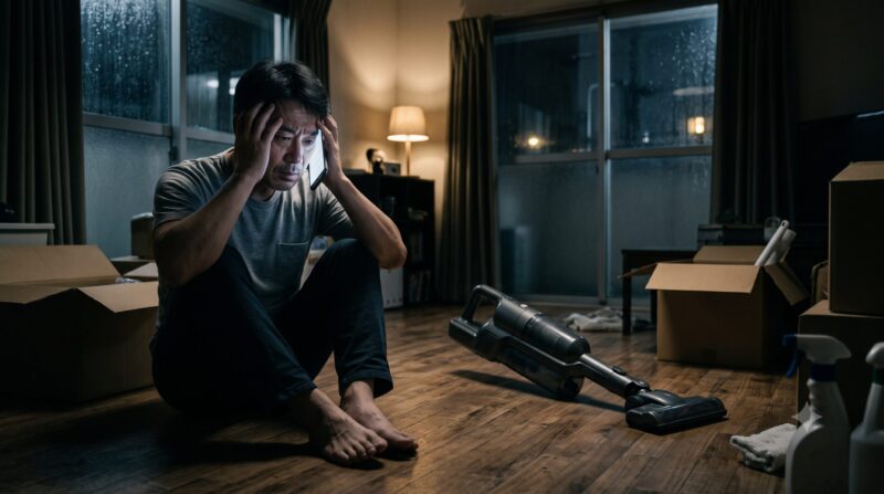 床に座り込み頭を抱えて絶望する男性と、横に置かれたコードレス掃除機のイメージ。引っ越しや掃除で後悔している様子。