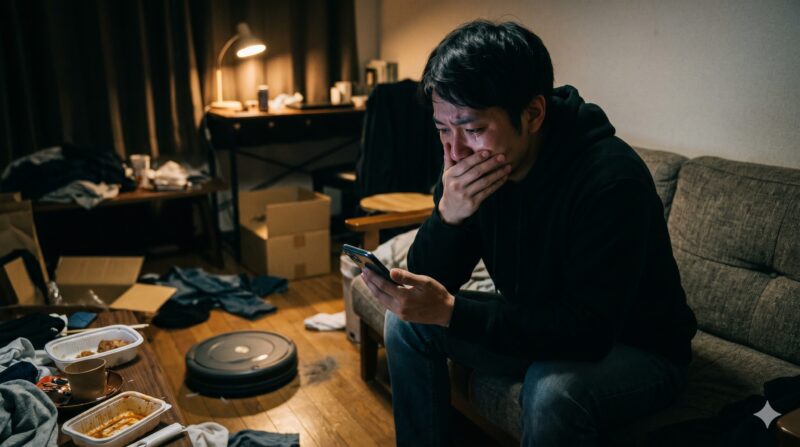 散らかった部屋でスマホを使ってロボット掃除機の口コミや評判を調べ、絶望・後悔している男性の写真。