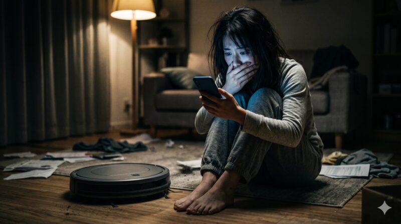 夜、散らかった部屋で床に座り、スマートフォンでロボット掃除機の悪い口コミを見て絶望する女性。