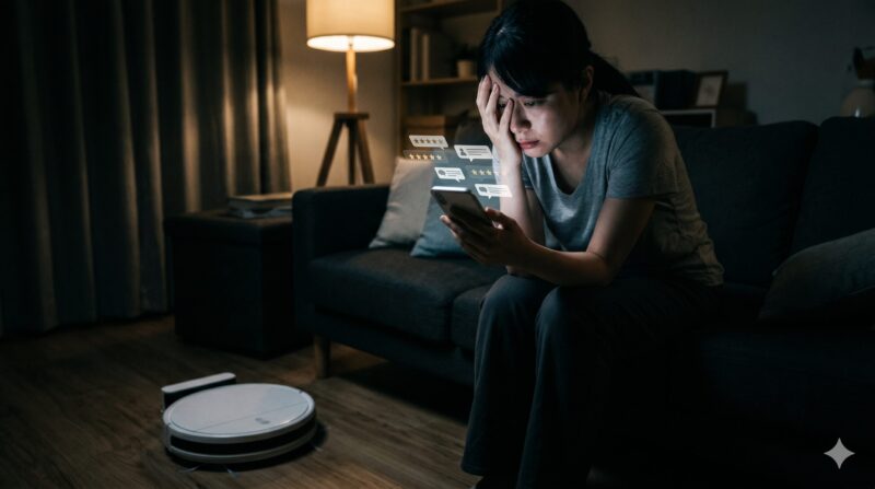 暗い部屋でソファに座り、スマホのSNS通知を見て顔を覆う疲れた女性と床のロボット掃除機
