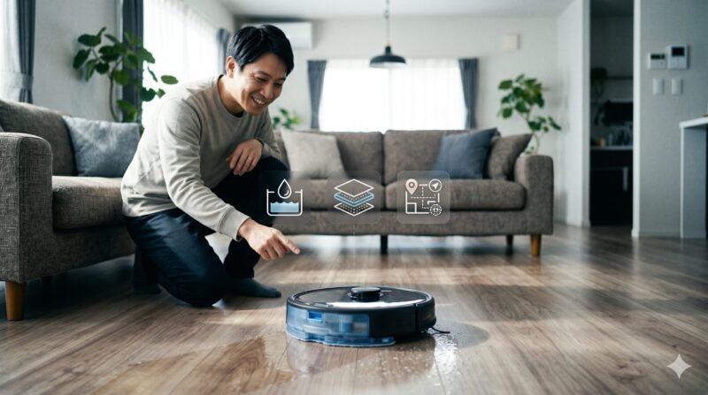 ロボロックの水拭き性能のチェックポイントを確認している様子