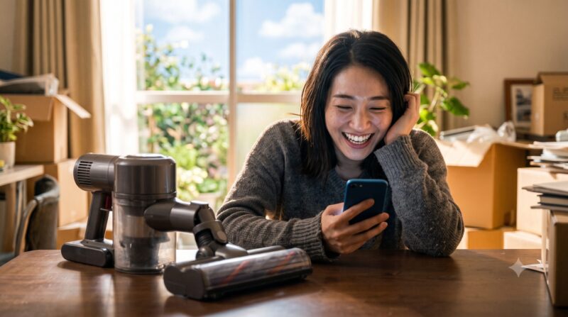 引っ越し後の散らかった部屋でコードレス掃除機を前に、笑顔でスマートフォンを見つめる女性。