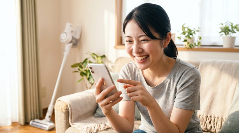 リビングでスマートフォンを指さして満面の笑みを浮かべる若い女性。